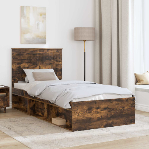 VidaXL vidaXL Bed Frame with Headboard Smoked Oak 90 x 200 cm Solid Pine Wood 2