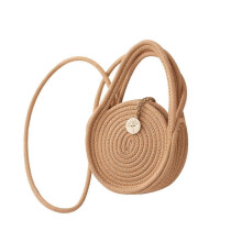 (Brown) Lightweight round crossbody bag, made of cotton rope with a top handle, can hold a mobile phone, cosmetics, and keychains. (Brown)