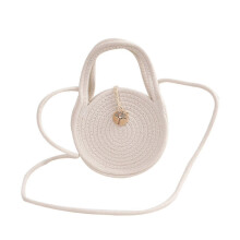 (White) Lightweight round crossbody bag, made of cotton rope with a top handle, can hold a mobile phone, cosmetics, and keychains. (Brown)
