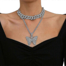 (white) Women's rhinestone Cuban buckle necklace with crystal butterfly pendant, black