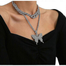 (gold) Women's rhinestone Cuban buckle necklace with crystal butterfly pendant, black