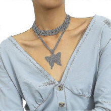 (pink) Women's rhinestone Cuban buckle necklace with crystal butterfly pendant, black