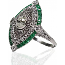 Damring Antik Art Deco 925 Sterling Silver Smaragd & Vit Safir Blommor