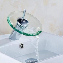 Badrum Kökshandfat Rund Glas Vattenfallsblandare Mässing Krom Tvättställsblandare Tvättställ