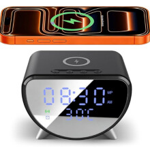 Caricabatterie wireless con sveglia digitale, stazione di ricarica rapida da 15 W, display LED della temperatura, formato 12/24 ore, pe