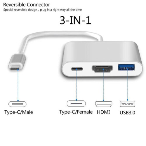 USB-C 3-i-1-adapter til HDMI 4K 30Hz + USB 3.0 (USB-A) - Multiport Plug & Play 1