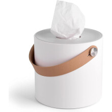 Modern Round Tissue Dispenser Holder Plastic Box Cover Napkin Organizer with Leather Handles for Bathroom Vanity Tops, Dressers, Bedside Tables, desk