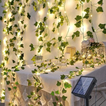MOURSIIENY kültéri fényfüzér - 100 LED, 12M - Vízálló - 8 üzemmód - Műborostyán napelemes fényfüzér - Meleg fehér