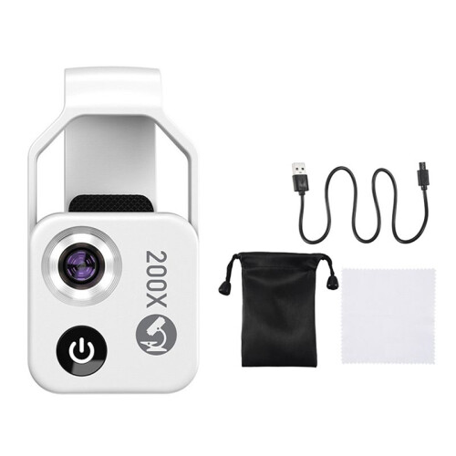 200X Magnification Microscope Lens Mobile LED Light Micro-Type Pocket Macro Lens for Ios Android All Smartphones,White 1