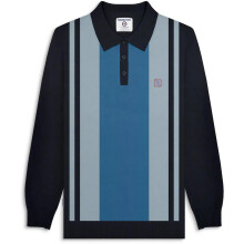 (M, Navy) Lambretta Mens Vintage Panel Long Sleeve Mod Polo Shirt Collar Button Top