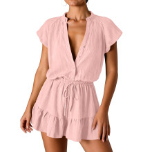 Rompers for Women V Neck Short Sleeve Button Up Ruffle-Pink S