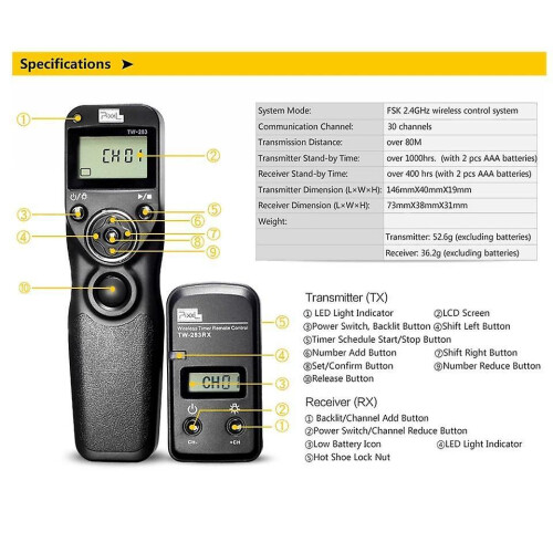 (Tw283-s1) Pixel Tw-283 Wireless Timer Remote Control Shutter Release (dc0 Dc2 N3 E3 S1 S2) Cable For Canon Nikon Sony Camera Tw283 Vs Rc-6 1