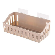 (Light coffee) Bathroom Shelf 26*10*6cm Adhesive Storage Rack Hooks Kitchen Home Decoration Corner Shower Shelf Rack Storage Rack Accessories