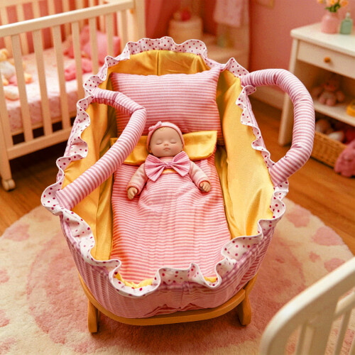 Doll Cradle Handheld Doll Cradle Basket With Soft-Yellow 2