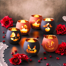 (Spooky Face) Spooky Face Candle Holder/Funny Halloween Decorations/6pcs Glass Tea Light Holders/Vintage Gothic Horror Bar Decoration