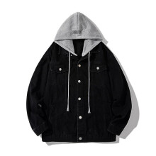 (XL, Black) Knit Hooded Denim Jacket Men Patchwork Fashion Jeans Hoodies Basic Coa