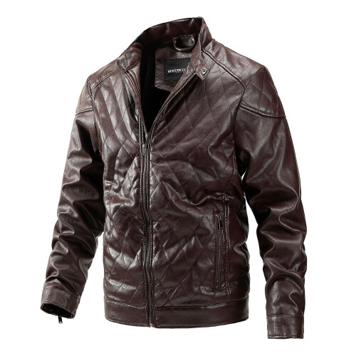 (M, Sky Blue) Winter Men's Leather Jacket Stand Collar Thickened Warm Motorcycle Pu
