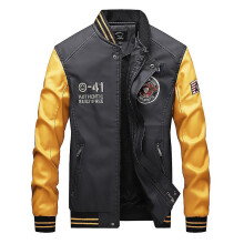 (M, yellow) Autumn Winter Men's Leather Baseball Uniform