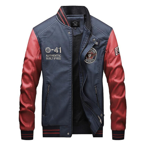 (M, Navy Blue) Autumn Winter Men's Leather Baseball Uniform