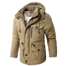 (L, Khaki) New Winter Jacket Men's Casual Hooded Plush Warm  Cotton Ong Sleeve Pa