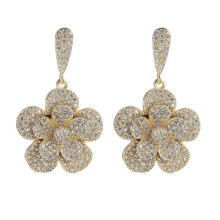 (Black) 925 Sterling Silver Flower Cubic Zirconia Drop Earrings S925 Micro Pav
