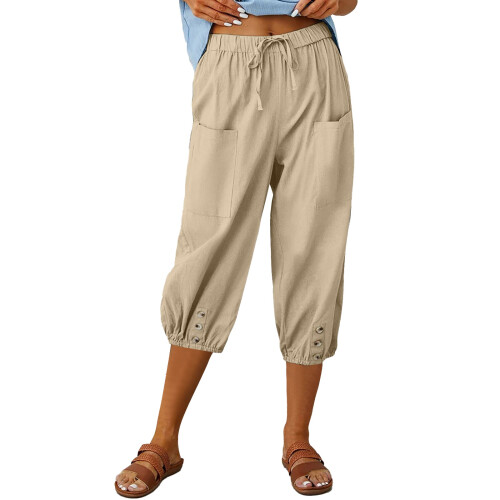 Women's Pants High Waist Drawstring  Bottom with Button-Khaki M