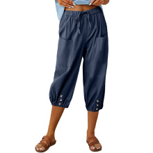 Damesbroek Hoge taille met trekkoord en knoop-Marineblauw M