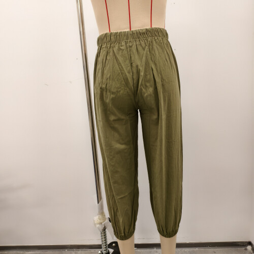 Women's Pants High Waist Drawstring  Bottom with Button-Black S 2