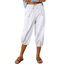 Pantalon femme taille haute cordon de serrage bas avec-Blanc S