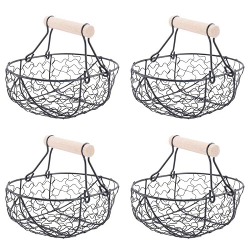 4X Wooden Handle Metal Retro Basket Portable Multi-Function Vegetable Fruit Egg Groceries Practical Storage Basket Black