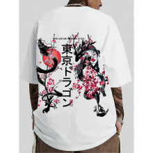 (XL) Men's Japanese-Inspired Cherry Blossom & Koi Fish Print T-Shirt - Relaxed Fit Short Sleeve Round Neck Summer Casual Top