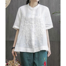 (S, White) Women's Shirt Embroidery Loose Slim Shirt Women