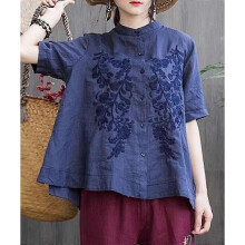 (XXXL, Blue) Women's Shirt Embroidery Loose Slim Shirt Women