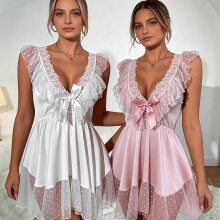 (White+pink, 16) Sexy Deep V-Neck / Alluring Polka Dot Mesh Sheer Suspender Slip Dress Backless 2pcs Set