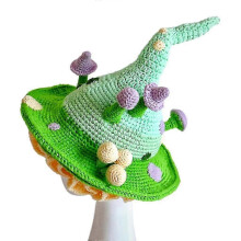 (aldult, Green) Adult Kids Halloween Fairy Hat With Mushroom Decor Knitted Wizard Hat Cosplay