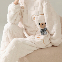 (Mixed colors, 10) Winter Women's Warm Pajama Set, Cute Bear Pattern Casual Loungewear Set