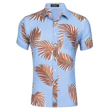 (XL, COLOR 4) Short Sleeve Casual Hawaiian Leaves Print Cotton Shirt For Men