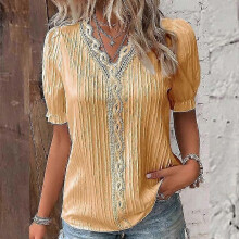 (3XL, yellow) Summer Women's T-shirt Fashion Hollow Short-sleeved Women's Shirt Tops