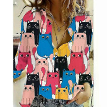 (2XL, B25SHH24417182913) 2024 Fashion Women's Shirts And Tops Cute Cat Print Button Casual Long Sleeve Shirts For Summer Women's Shirts