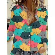 (L, B25SHH24417182915) 2024 Fashion Women's Shirts And Tops Cute Cat Print Button Casual Long Sleeve Shirts For Summer Women's Shirts