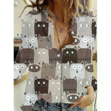 (M, B25SHH2441718292) 2024 Fashion Women's Shirts And Tops Cute Cat Print Button Casual Long Sleeve Shirts For Summer Women's Shirts