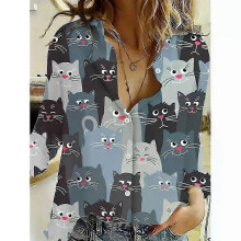 (5XL, B25SHH24417182916) 2024 Fashion Women's Shirts And Tops Cute Cat Print Button Casual Long Sleeve Shirts For Summer Women's Shirts