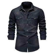 (S, dark blue) Men's Shirts, Men's Denim Shirt, Long Sleeve Shirt