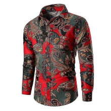 (S, red) Men's Printed Long Sleeve Shirts Slim Fit Shirts