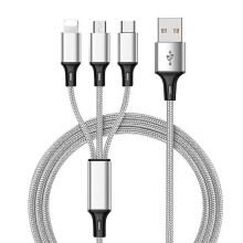 Nabíjecí kabel 3 v 1 USB, kompatibilní s iPhonem, Lightning, Type-C a Micro USB, 1,2 m nylonový opletený, rychlé nabíjení 3A, pro všech
