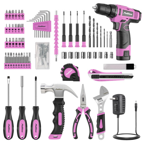 PULITUO Drill Set 149Piece Home Tool Set with 12V Pink Cordless Drill