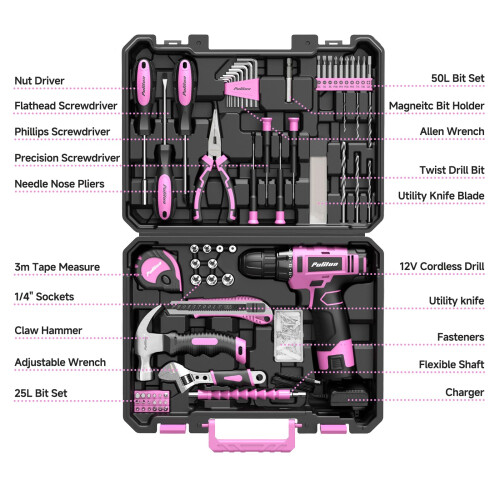 PULITUO Drill Set 149Piece Home Tool Set with 12V Pink Cordless Drill 1