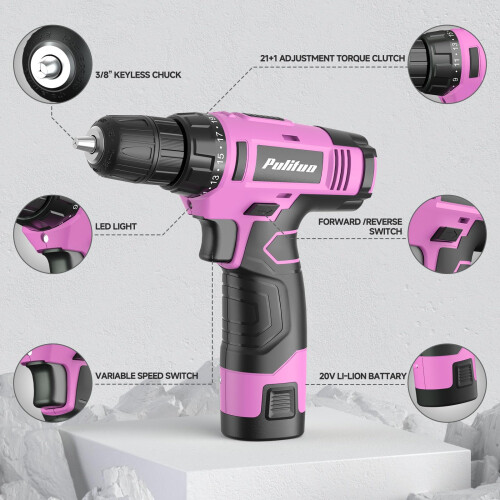 PULITUO Drill Set 149Piece Home Tool Set with 12V Pink Cordless Drill 2