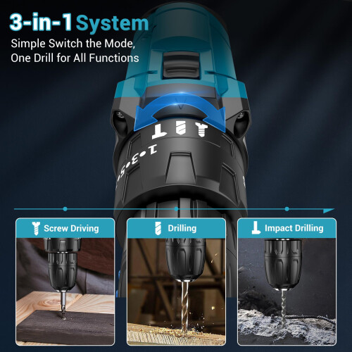 Cordless Drill Set 21V Cordless Hammer Drill with 2 Batteries 2000mAh 1