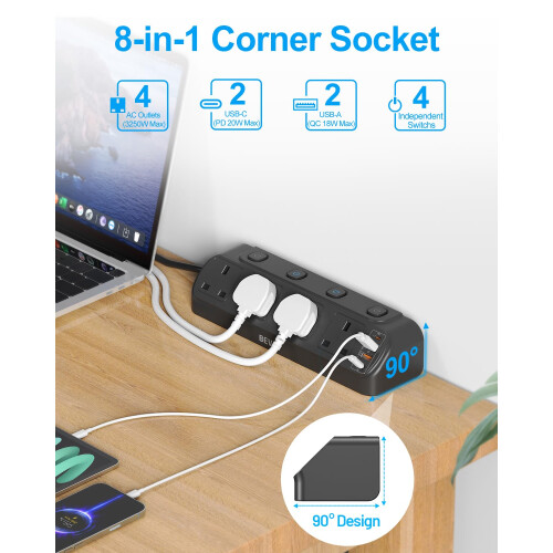 Desk Extension Lead with 4 USB Slots BEVA 4 Way Surge Protected Plug E